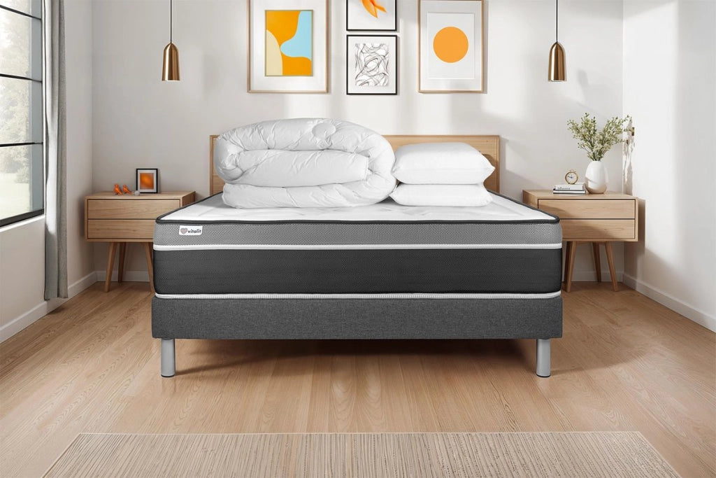 Pacchetto letto completo - Materasso 160x200cm + Box spring con doghe (in kit) + 2 cuscini + Piumino - Vital Care