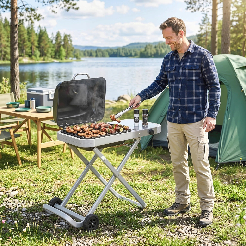 Barbecue a Gas Portatile 1 Bruciatore 2,5kW ¨C Xylo ¨C Griglia con Carrello Pieghevole Termometro