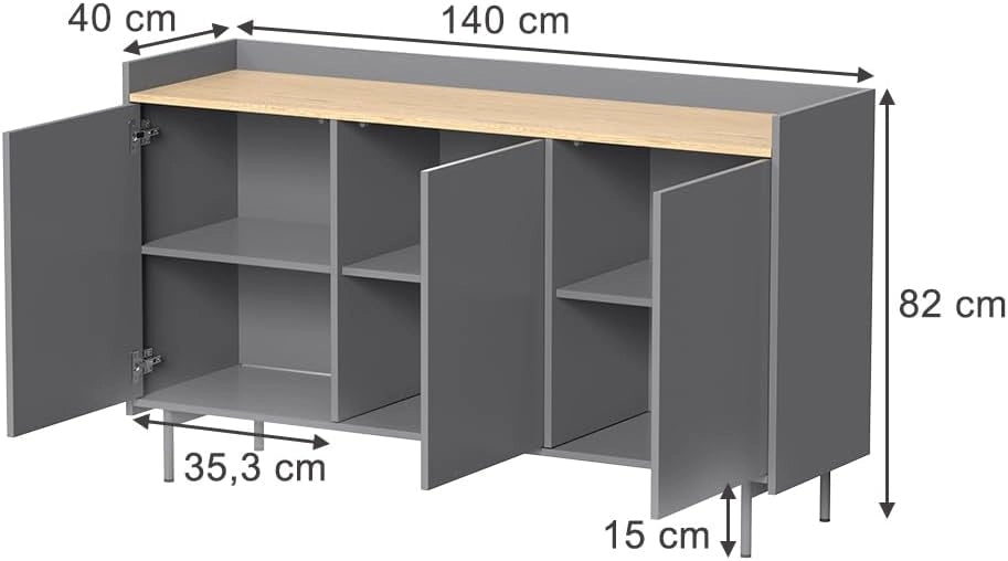 Credenza Velina, Grigio/quercia, 140 x 82 cm con 6 scomparti