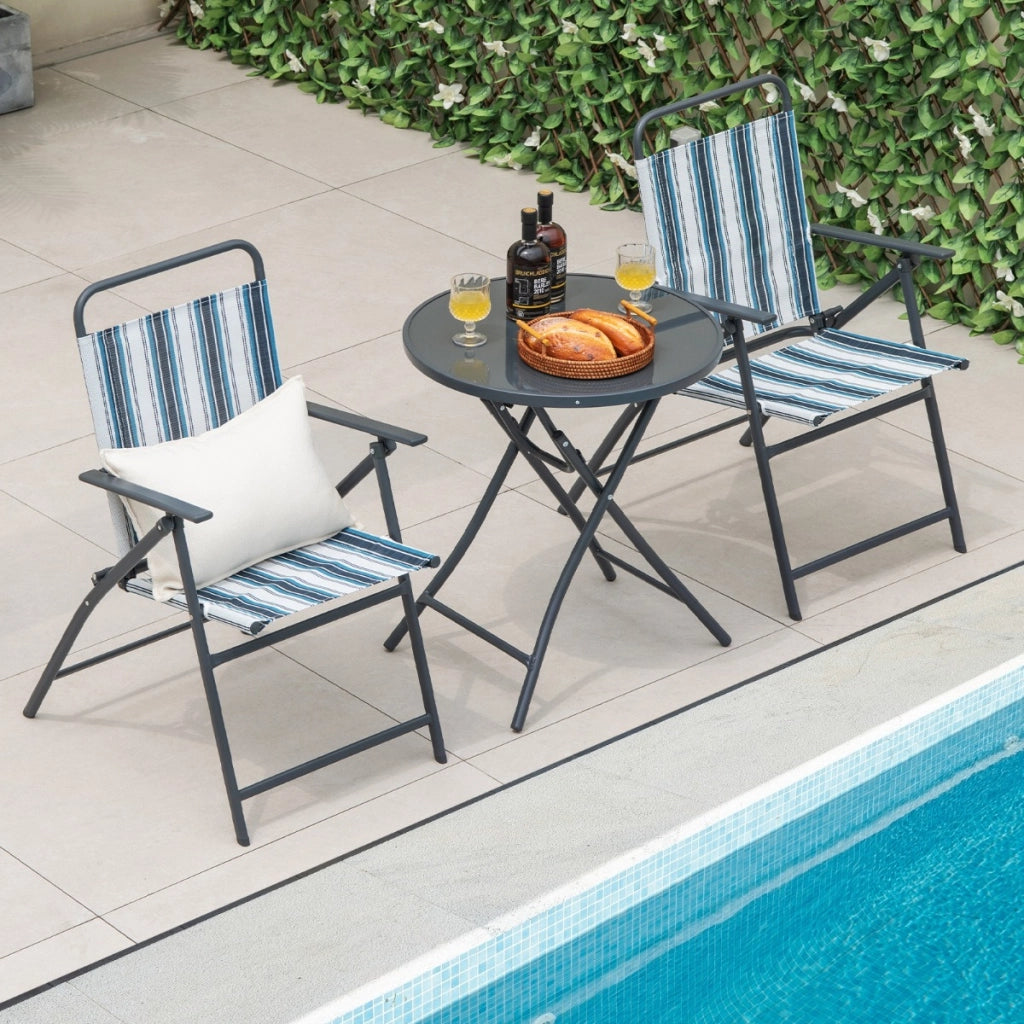 Tavolino e 2 sedie da esterno pieghevoli, Set mobili da giardino 3 pezzi con telaio robusto in metallo-Set mobili da esterno
