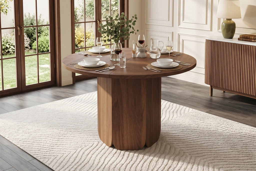 Tavolo da pranzo rotondo 120 cm, colore noce, stile scandinavo, per 4-6 persone