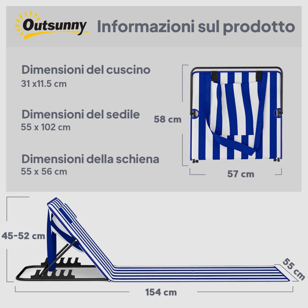 Set 2 Sedie da Mare con Schienale Regolabile ¨C zephmum ¨C Blu e Bianco, Acciaio e Poliestere, 154x57x52 cm