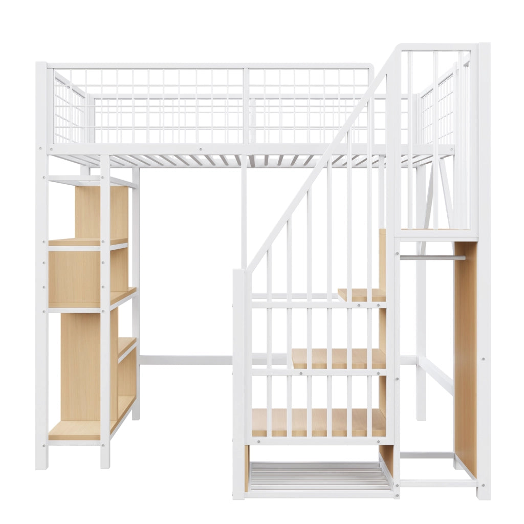 LETTO A PIANO ALTO 90 x 200 cm in metallo e legno, bianco, con scala contenitore