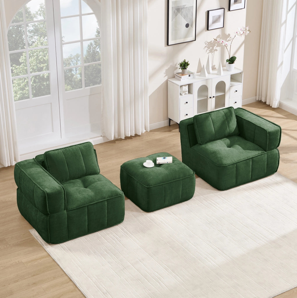 Divano modulare a L senza struttura con pouf; 198x162x67 cm; poliestere; verde