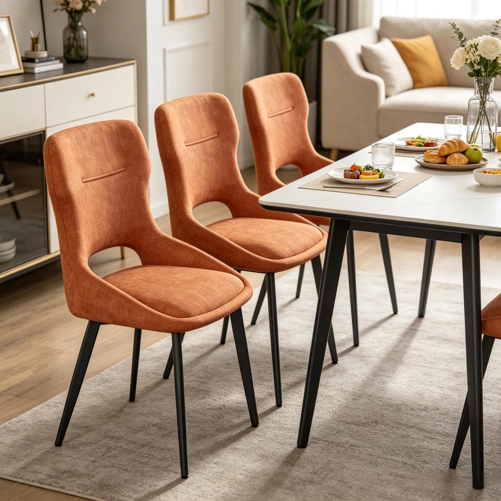 Sedia da pranzo Set da 4 con Braccioli e Schienale Imbottito, Gambe in Legno e Metallo, Ciniglia Arancione