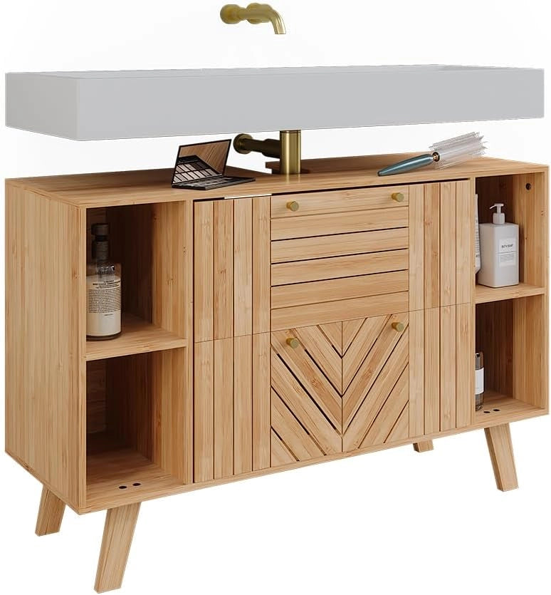 Mobile sottolavabo per bagno Lucie, Bambù, 100 x 65 cm con 2 cassetti, adatto per la conservazione salvaspazio di accessori da bagno