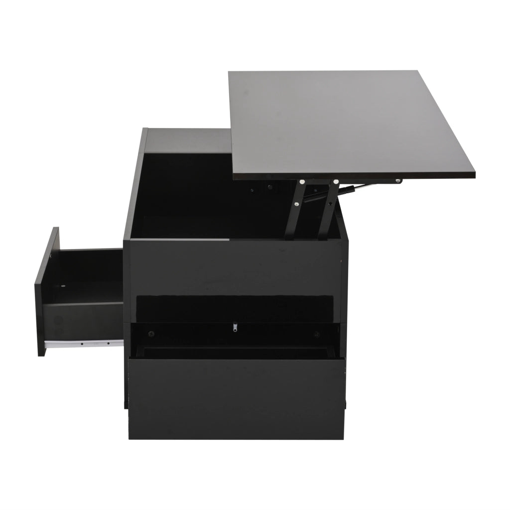 TAVOLINO DA SALOTTO Sollevabile 100 x 50 x 45 cm Nero Lucido con LED e 2 sgabelli