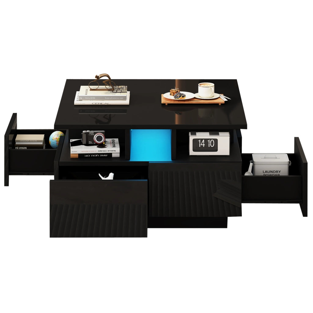Tavolino da caffè quadrato 70x70x40 cm con 4 cassetti; LED; nero