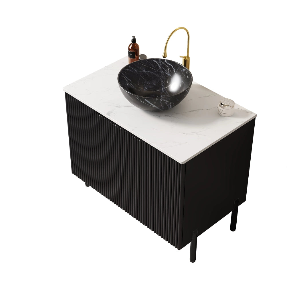 Mobile sottolavabo da bagno con lavabo in ceramica e piano in pietra sinterizzata, 2 ante, nero, 76 × 48 × 89 cm