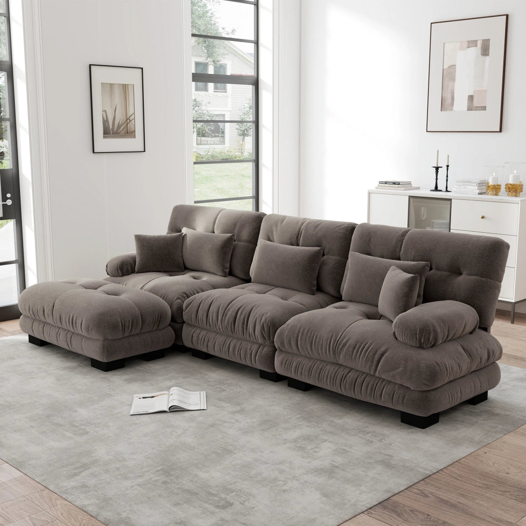 Divano angolare modulare in chenille con pouf seduta profonda schienale ergonomico e cuscini per soggiorno marrone