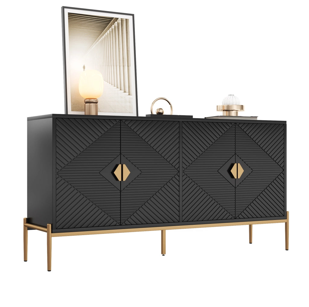 Credenza moderna a 4 ante in MDF e pannello truciolare; nera; 162 x 40 x 80 cm