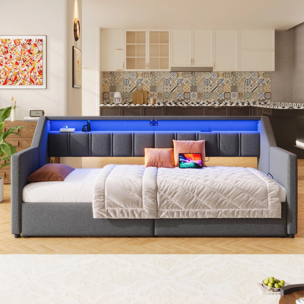 Letto multifunzionale 90x200 cm con USB, Type-C, LED e 2 cassetti