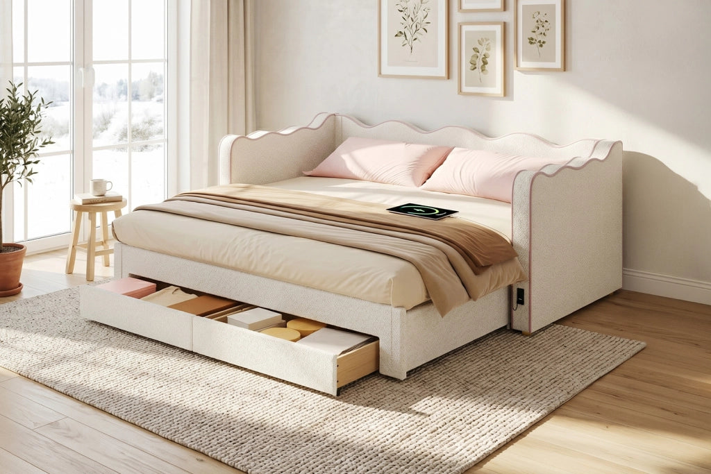 Letto estraibile 90 × 200 cm con 2 cassetti, USB e Type-C, senza materasso, bouclé beige