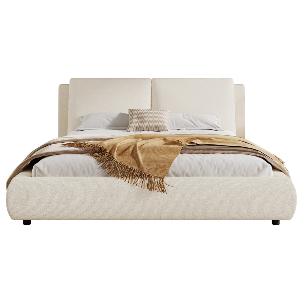 Letto matrimoniale imbottito con testiera ergonomica in bouclé beige e rete a doghe