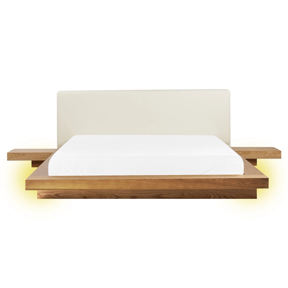 Letto LED in stile giapponese in frassino naturale 160 x 200 cm testata in legno impiallacciato MDF testata in ecopelle camera da letto