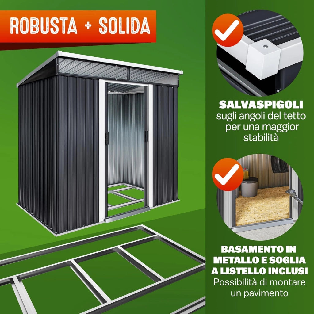 ® Casetta da Giardino in Metallo 2m² con Fondazione 200x125x180cm 2 Finestre Capanno per Attrezzi 4m³ Esterno