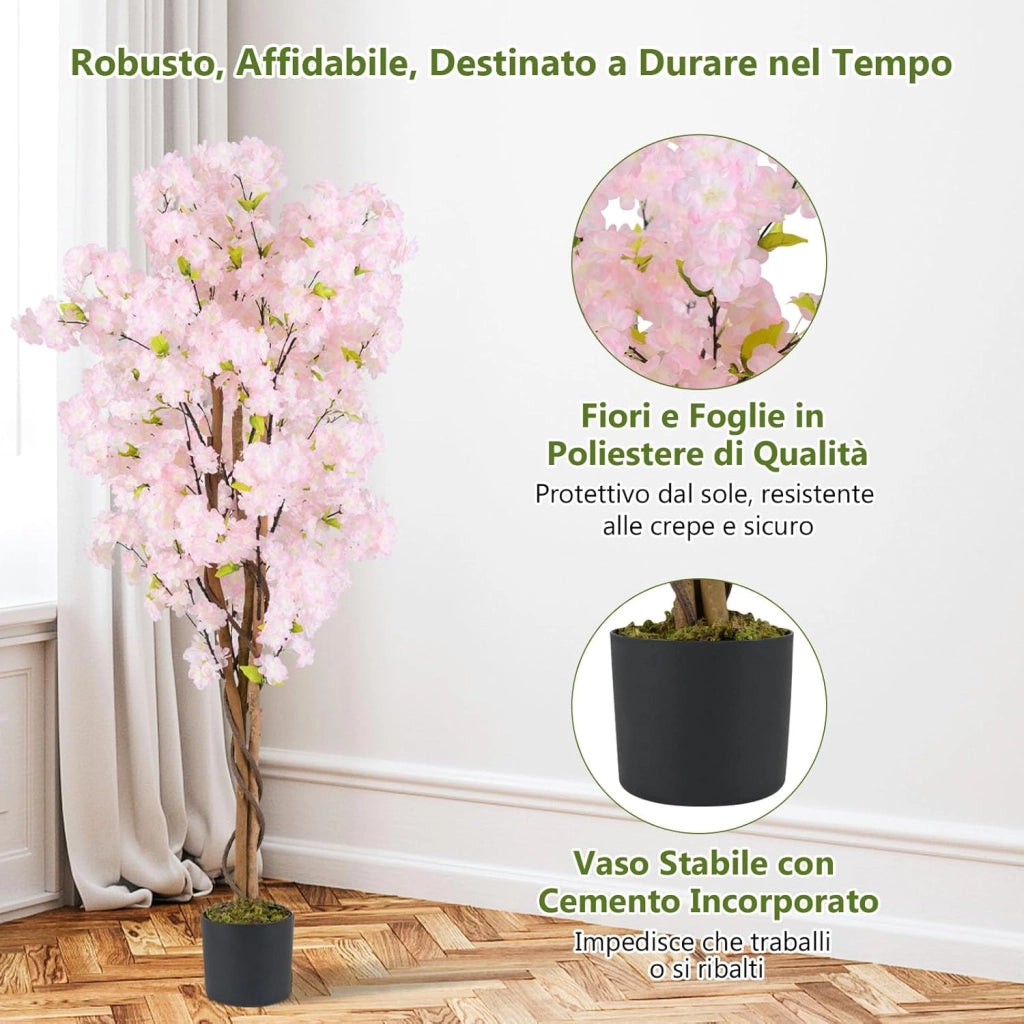 2 Alberi di Ciliegio Artificiale 150 cm, Set di 2 Piante Finte in Vaso da Vivai con Fiori Rosa e Foglie Verdi, Piante Decorative per Casa, Ufficio e Negozio