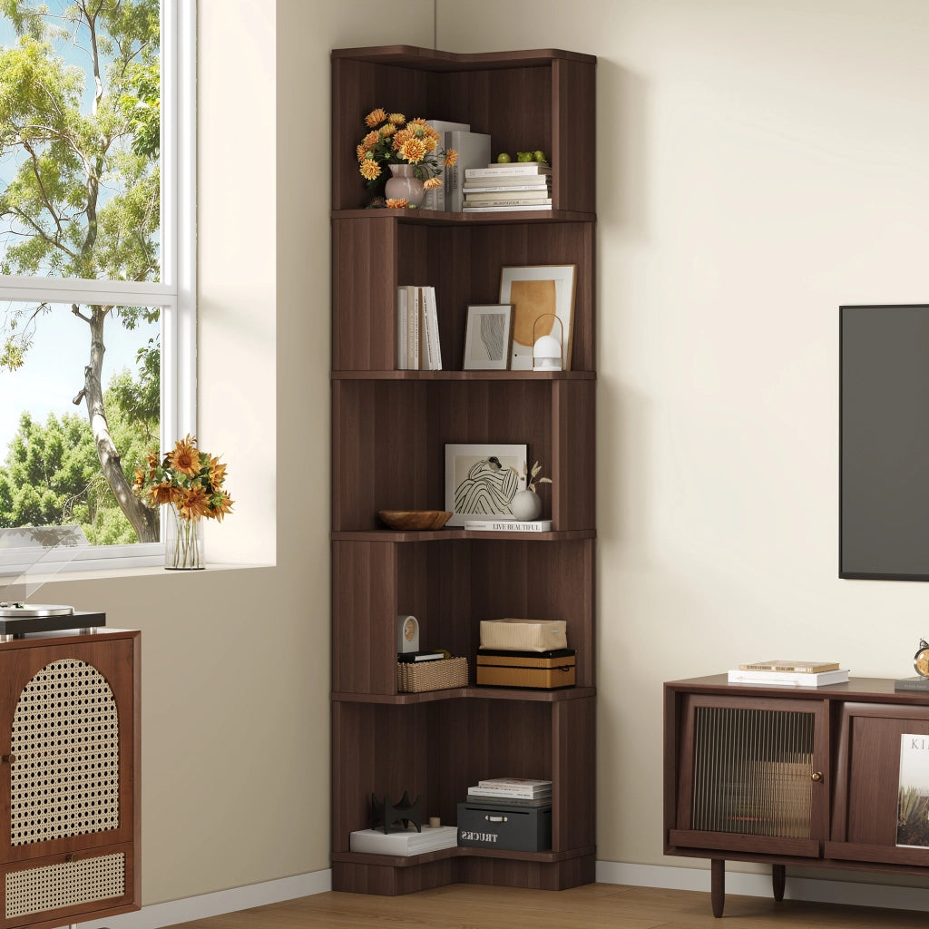 Libreria angolare a L con illuminazione LED, 63,5 x 45 x 175 cm, 5 ripiani, marrone