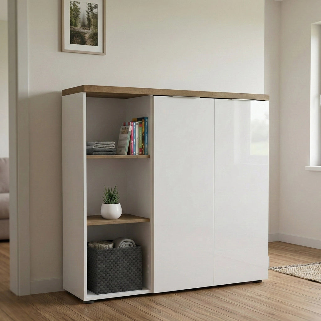 Belsito, Armadio Multiuso 2 Ante 4 Ripiani Made in Italy, 120x115h cm Bianco Lucido