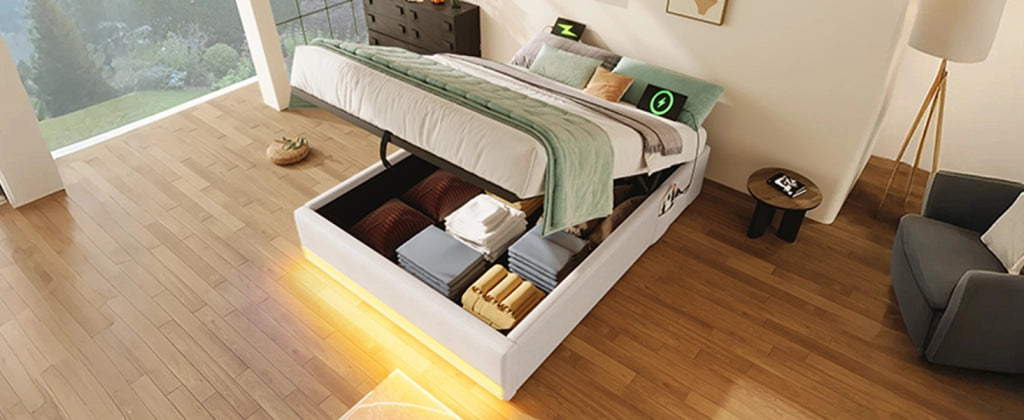 Letto 90 x 200 cm con contenitore idraulico, LED + USB e type-C, lino beige, senza materasso