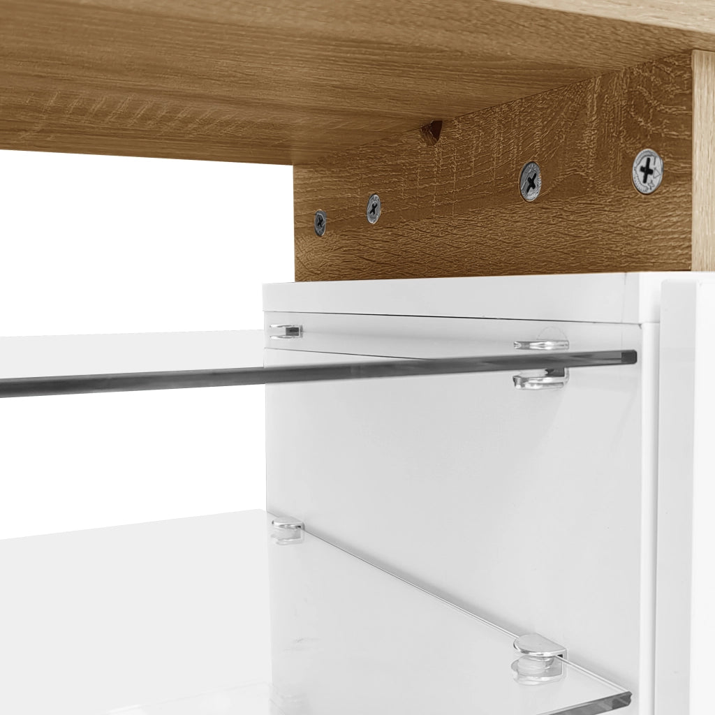 Mobile TV 170x33x33.5 cm; ripiani in vetro e LED a 16 colori; pannello truciolare; bianco e naturale