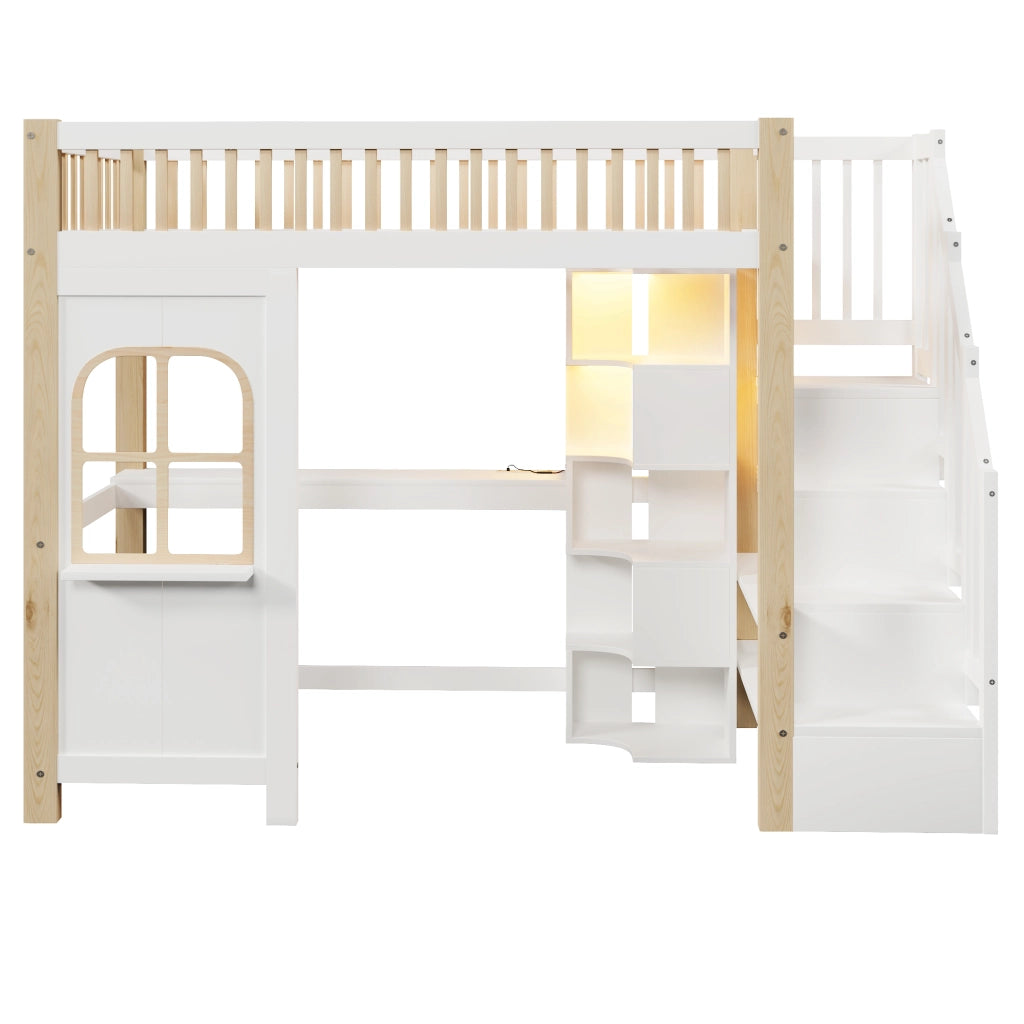 LETTO a soppalco 90x200 cm con scrivania, scala contenitore, bianco/naturale