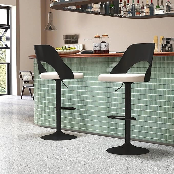 2 Sgabelli Girevoli da Bar Alta 91-111 cm, Set di Sgabelli con Seduta in Ecopelle, Poggiapiedi e Struttura in Metallo, Sedie per Cucina e Bistrò (Nero)