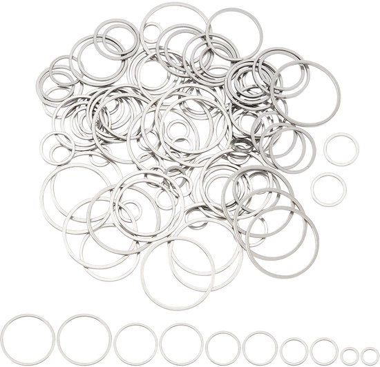 Collezione di 100 anelli di collegamento in acciaio inossidabile - connettori - hanger - orecchini/ collane - diametro interno 5,5-22,5 mm - connettore per gioielli