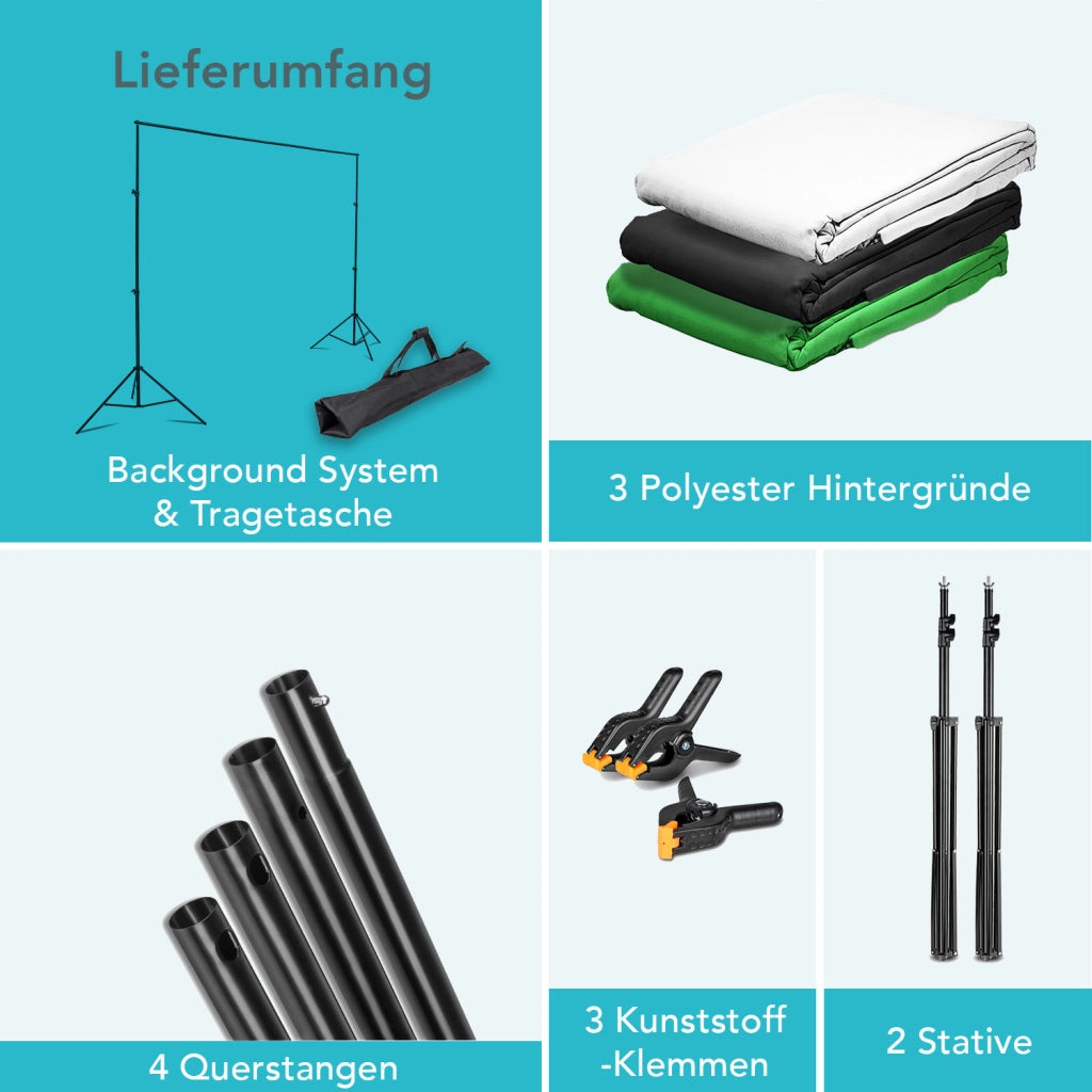 Instarter Sistema di sfondi largo 155-305 cm , sfondo fotografico in verde, bianco e nero, morsetti per fotografia e green screen, supporto per fondali in carta e tessuto