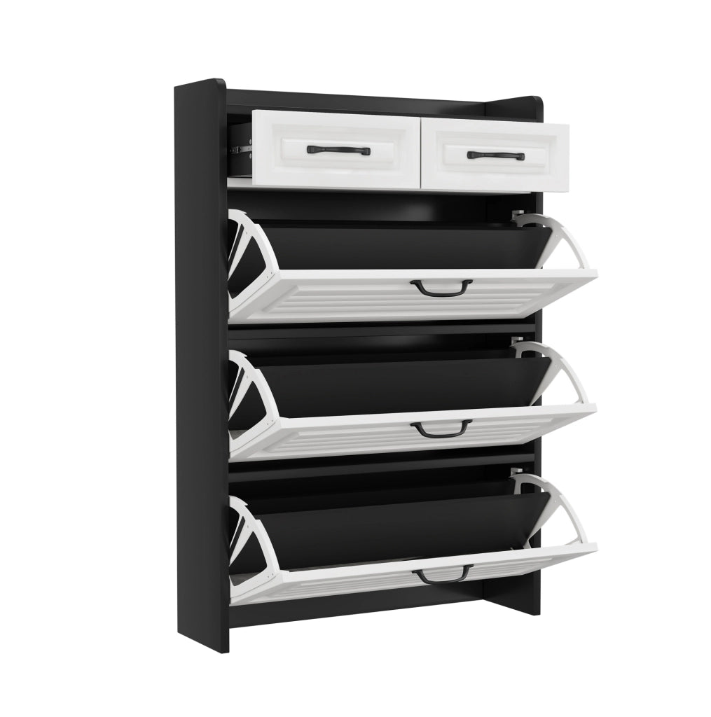 Scarpiera 80x23.5x131 cm con 3 scomparti girevoli e 2 cassetti in pannello truciolare bianco e nero