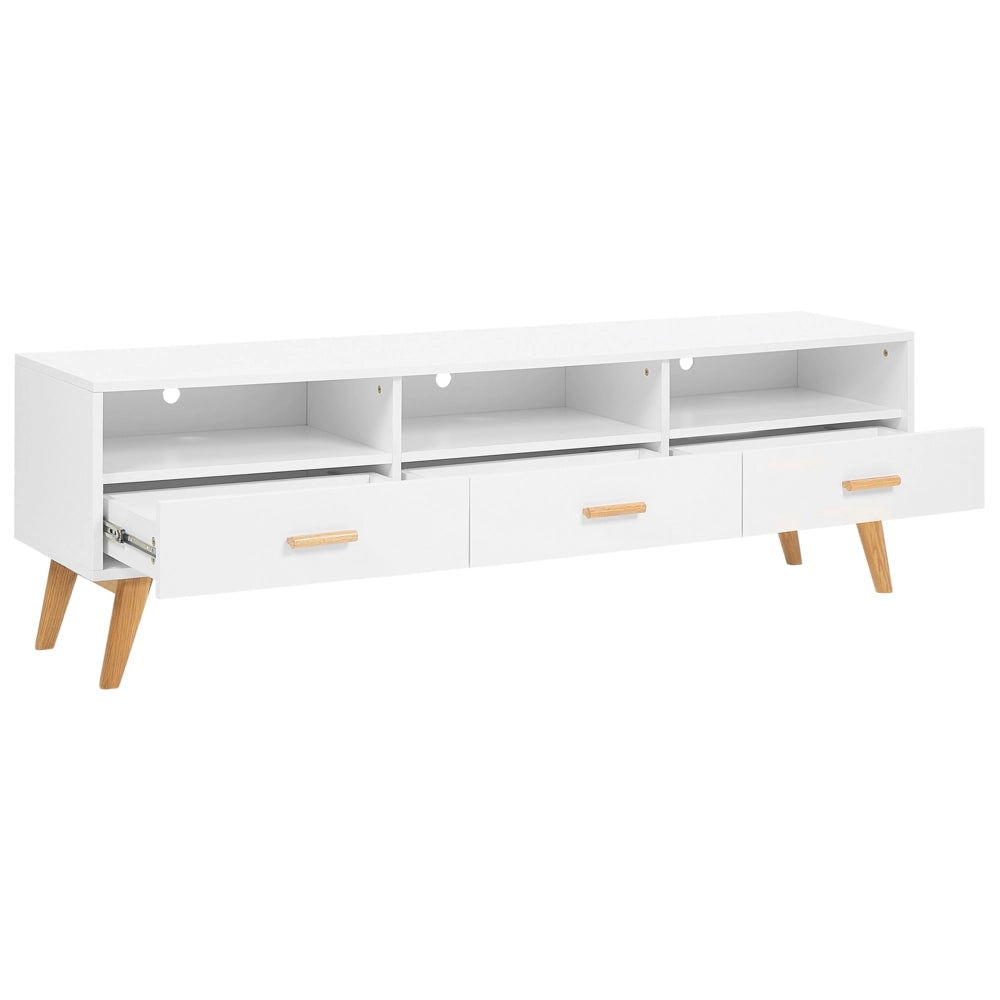 Mobile TV bianco con legno chiaro 55 x 180 x 40 cm con ripiani e cassetti