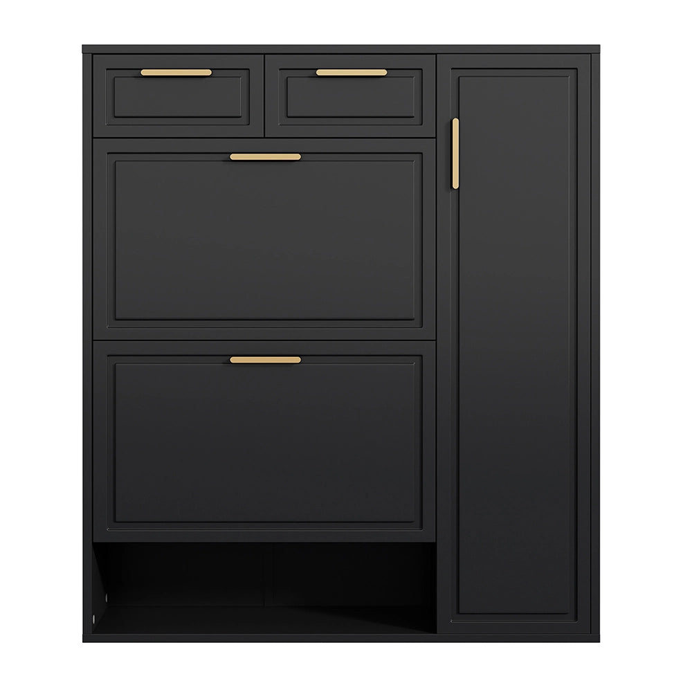 Scarpiere moderna - Xylo - L95/P24/H107 - Nero - Ripiani regolabili, maniglie dorate, cassetti, pieghevole