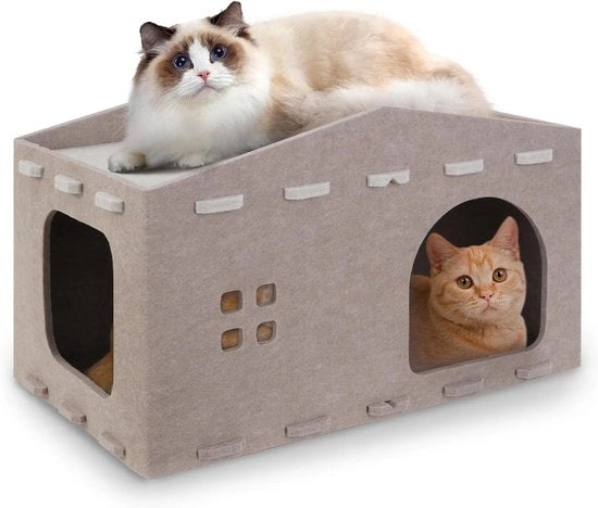 Casa per gatti a due piani con letto e castello in vilt beige, 52 x 32 x 29 cm