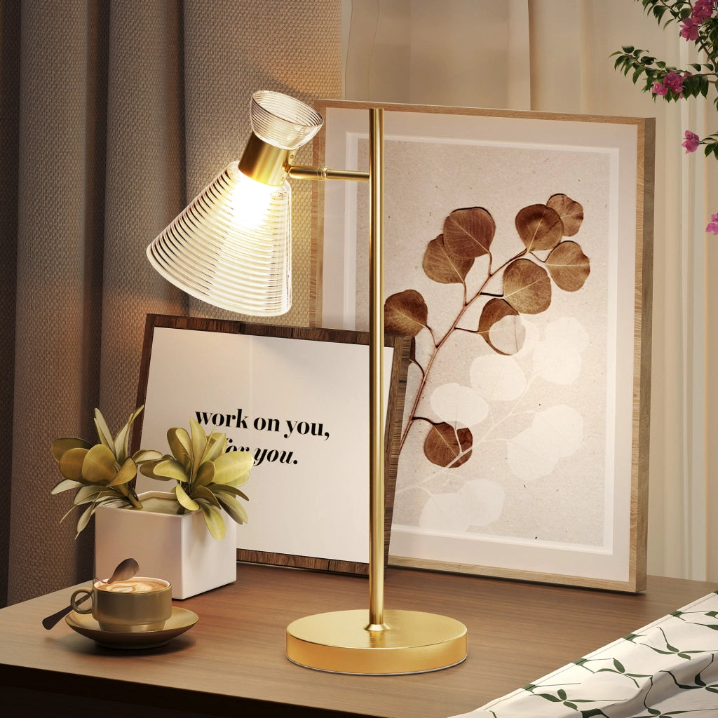 Lampada da Tavolo ¨C zephmum ¨C Vetro Temperato Ambrato Satinato Regolabile, E27, Oro