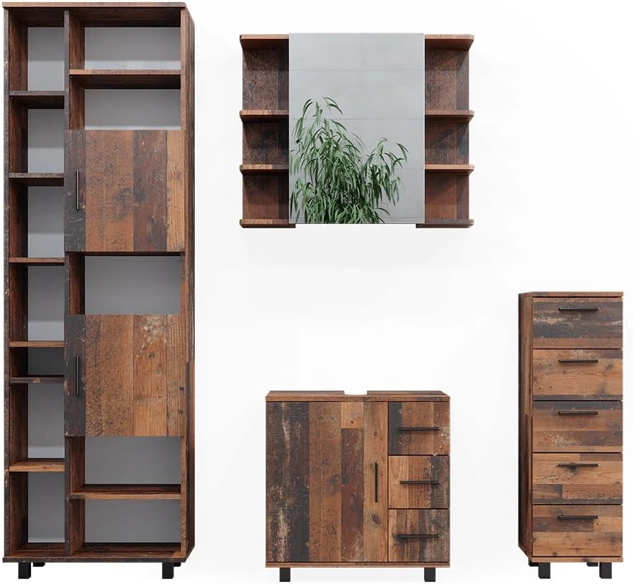 Set di mobili da bagno Ilias, Rovere rustico, 60 cm, composto da mobile lavabo, pensile a specchio, colonna e base media