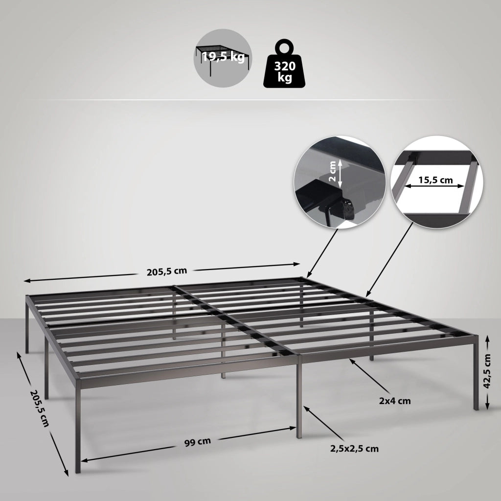 Letto in metallo Fargo nero,200x200x42 cm