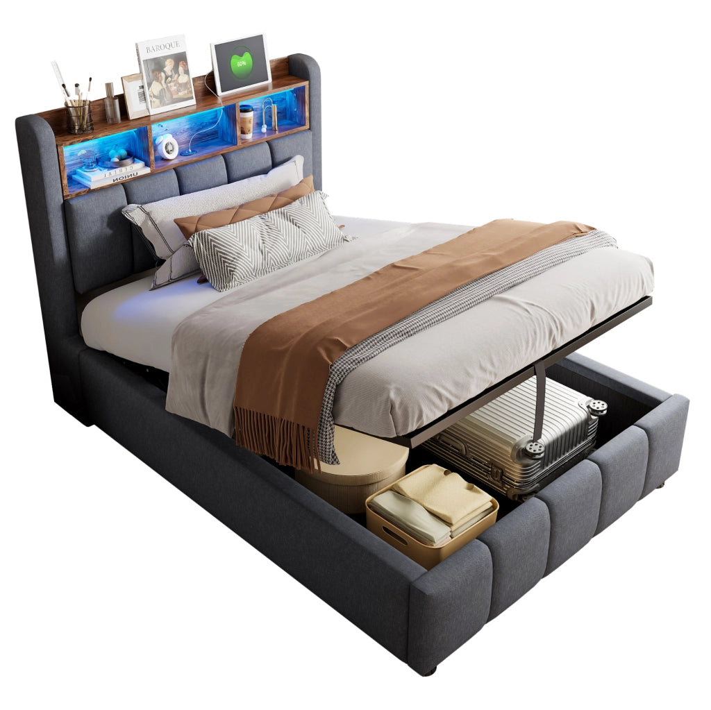 Letto imbottito 90x200 cm con contenitore; LED e porte USB e Type-C in lino grigio