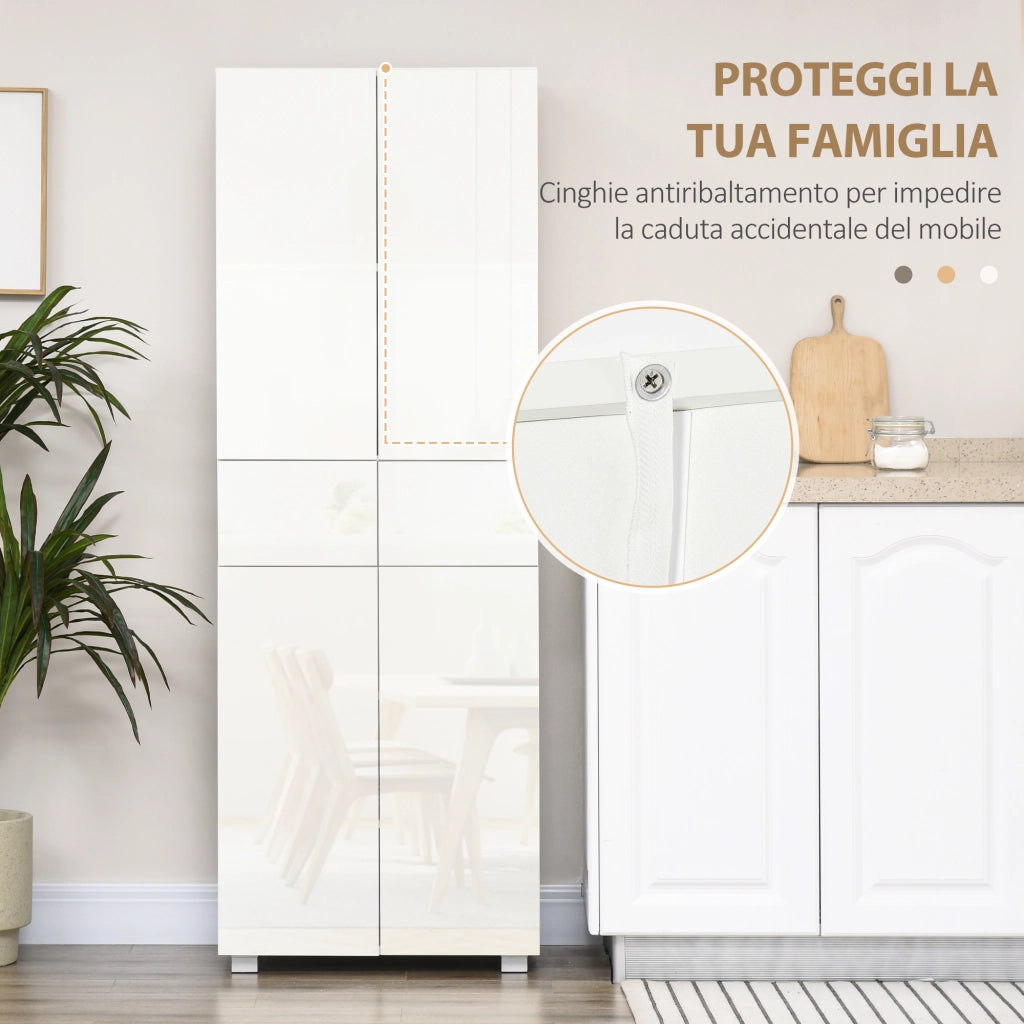 Dispensa Cucina con 4 Ante, 3 Ripiani Regolabili e Mensole a 5 Livelli in MDF e Truciolato, 60x35x170 cm, Bianco