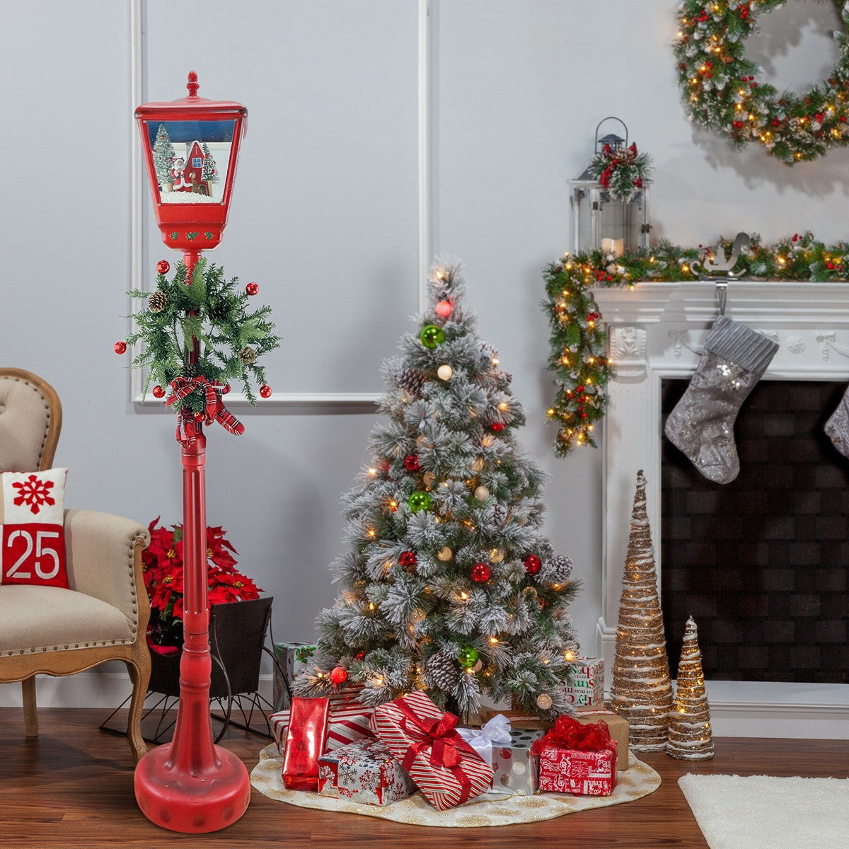 Lampione Rosso Natale H195 cm Decorazione con Suoni Mini Lucciole e ghirlanda