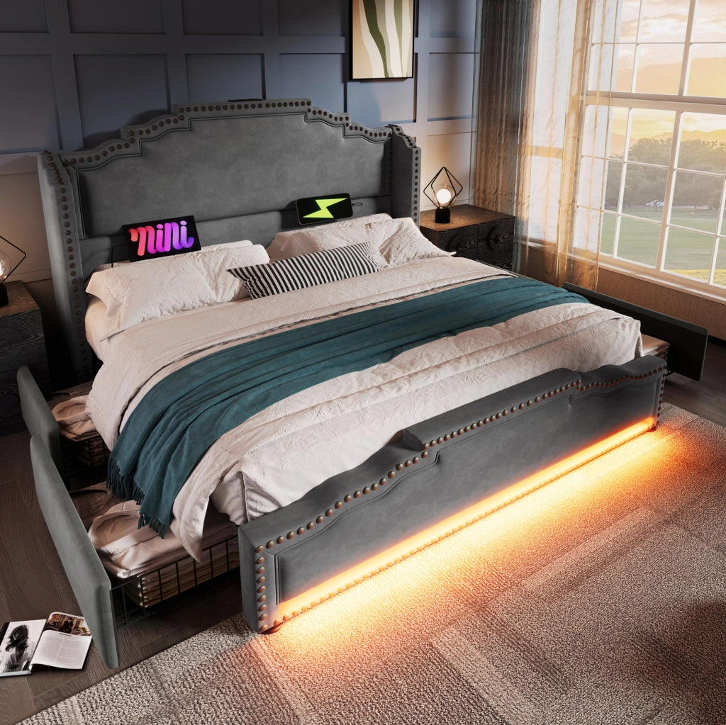 Letto imbottito grigio 160 x 200 cm con cassetti, LED, ricarica e materasso