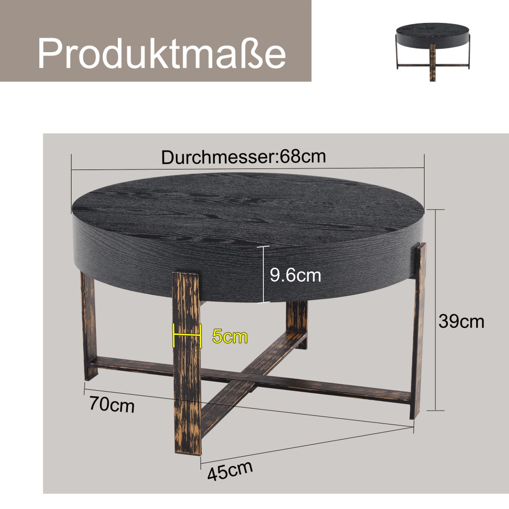 Tavolino rotondo con piano da 68 cm; struttura incrociata in metallo; piedini effetto legno; per soggiorno; 68 × 39 cm