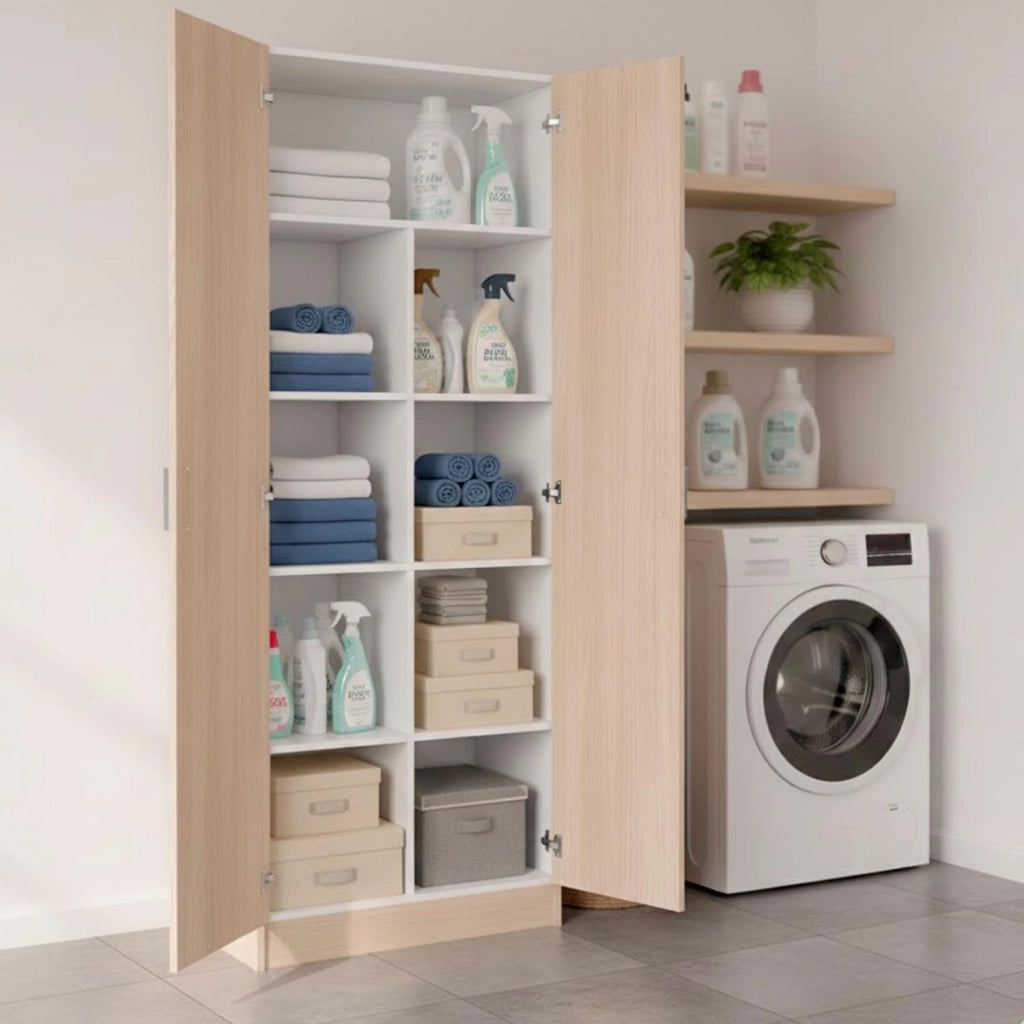 Armadio Multiuso A 2 Ante E 8 Ripiani Regolabili Mobile Armadietto Salvaspazio Per Bagno Lavanderia Ingresso Camera Da Letto Struttura Compatta E Capiente 180 x 59 x 37 Cm Colore Rovere