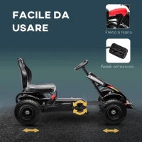 Go Kart a Pedali per Bambini 5-12 Anni in PP e Metallo Nero con Sedile Regolabile e Freno a Mano, 121x58x61 cm