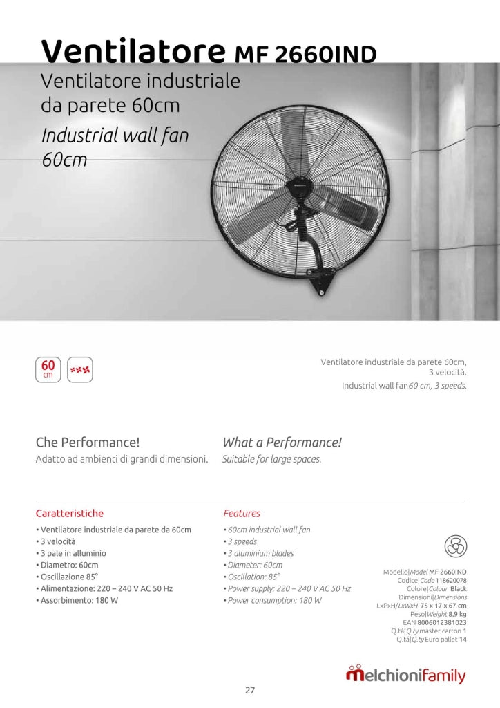 Ventilatore Industriale da Parete Melchioni Family MF 2660IND Ø 60 cm 180W Nero con Oscillazione 85° e 3 Velocità