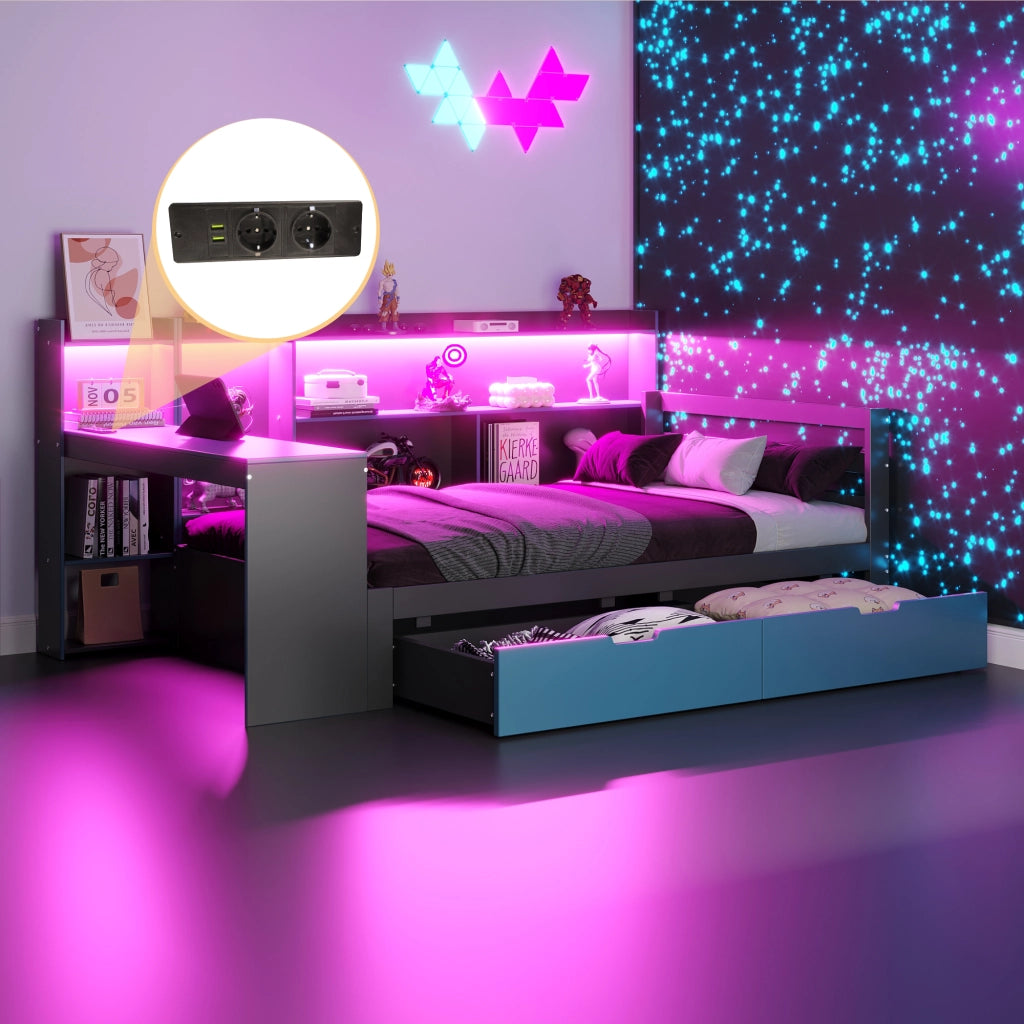 Letto a Soppalco con Scrivania ¨C MINIMAL ¨C Nero e Blu, Legno, 90x200, LED, Cassetti, Contenitore