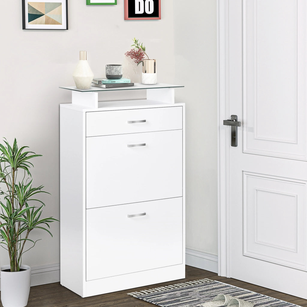 Armadio Scarpiera con Cassetti e Ripiano in Vetro ¨C Zephmum ¨C Bianco 60x24x105,5 cm