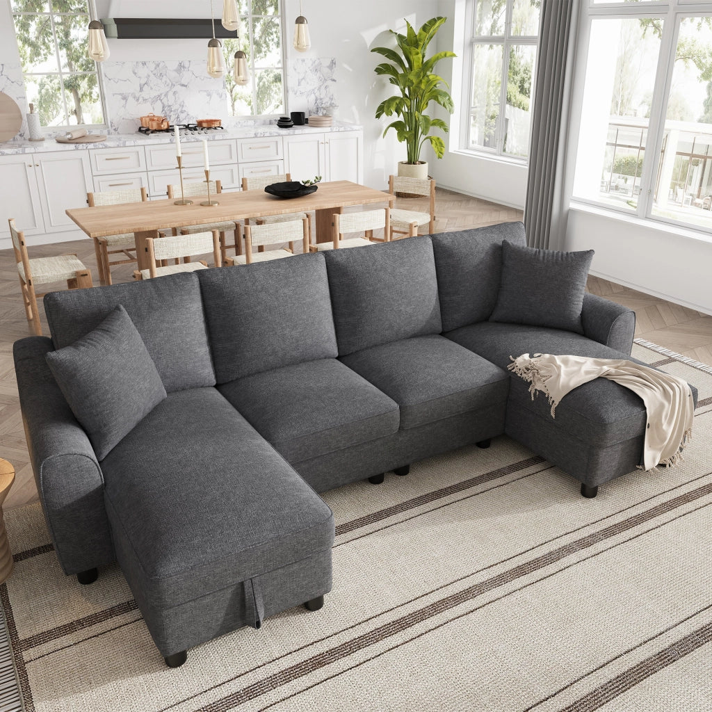 Divano modulare a U in chenille grigio con penisole, 3 colli, 280 ¡Á 137 ¡Á 84 cm