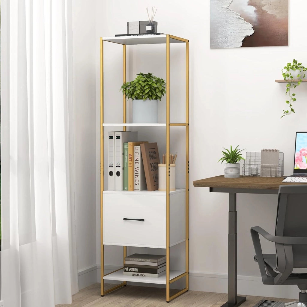 Libreria a 5 Ripiani con Cassetto, Scaffale di Stoccaggio con Struttura in Metallo e Kit Antiribaltamento, Unità Espositiva Autoportante per Camera da Letto Soggiorno, 45x35x160 cm (Bianco)