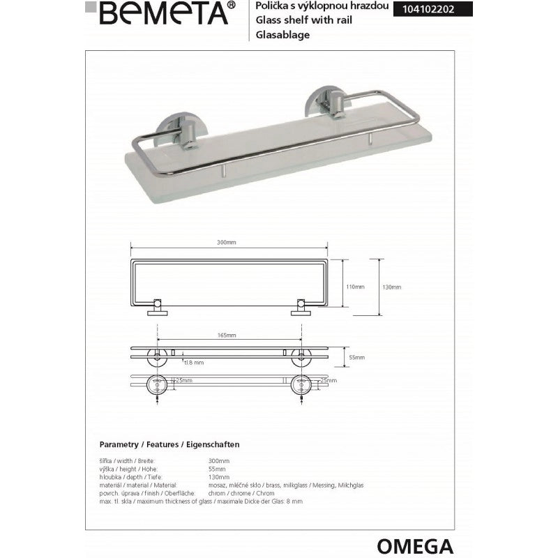 Mensola da parete per doccia in vetro con binario OMEGA 30x5,5x13cm