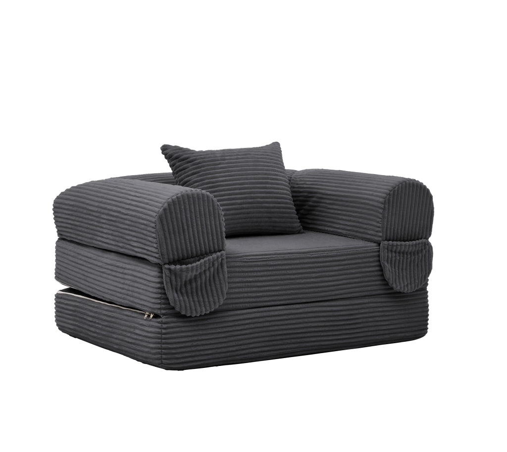 Divano letto singolo convertibile in tessuto corduroy con funzione letto, cuscino e design salvaspazio, grigio